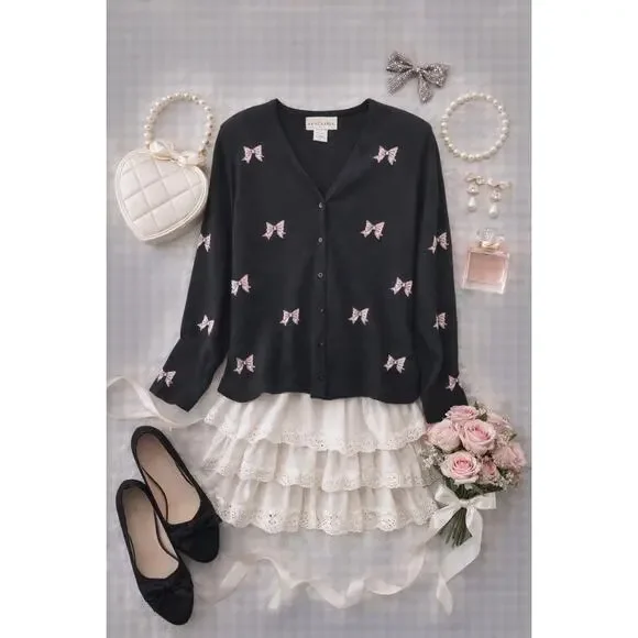 DONCASTER | Black Bow Print V Neck Cardigan Made in Italy Vintage 90s | Large - Picture 7 of 7